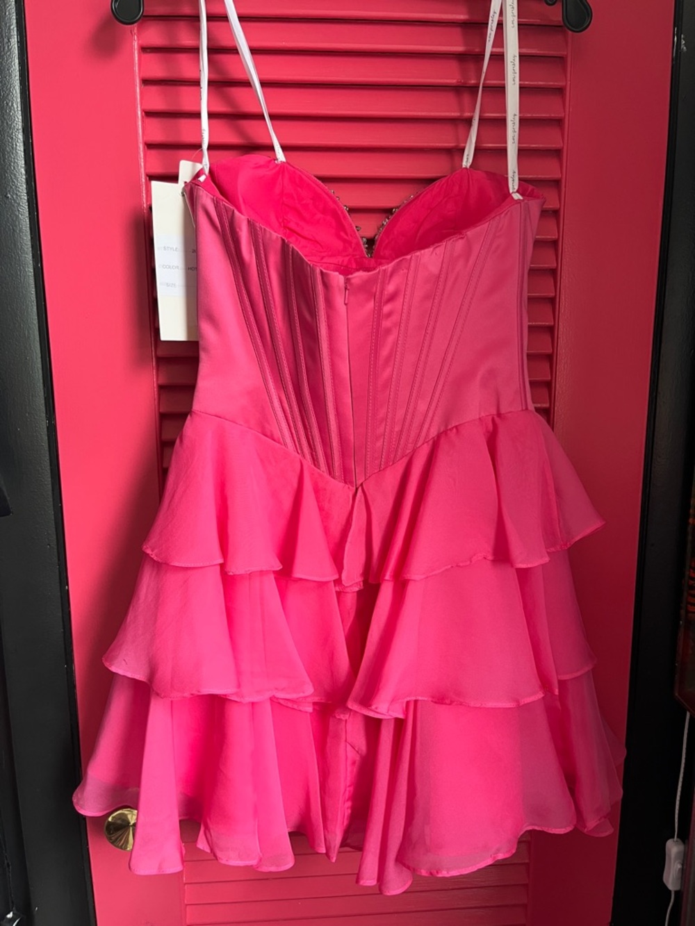 Beaded Bust Hot Pink Tiered Ruffle Prom Dress - Picture 9 of 16